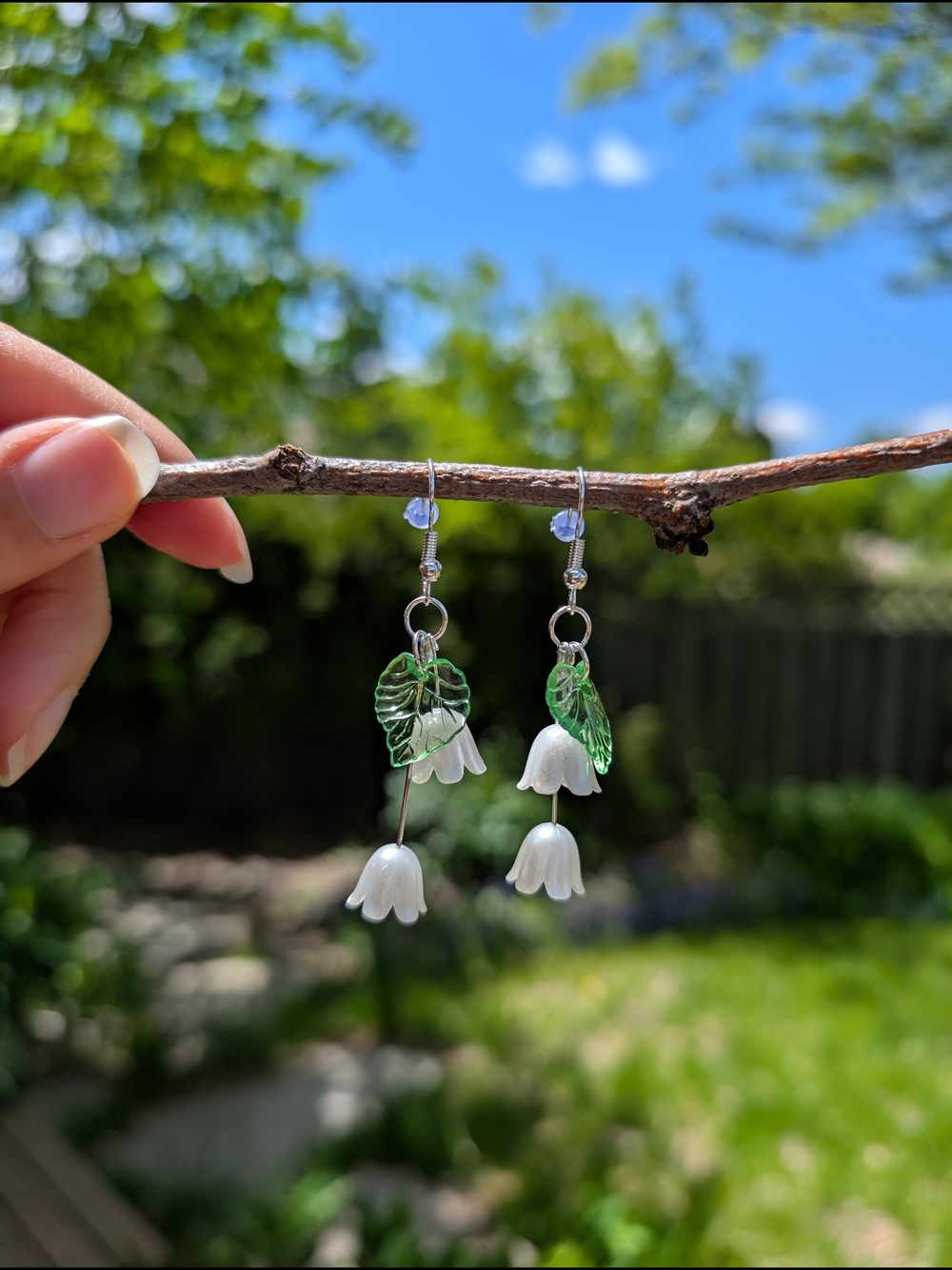 Green Leaf & White Bell Drop Earrings - Handmade Women Jewelry